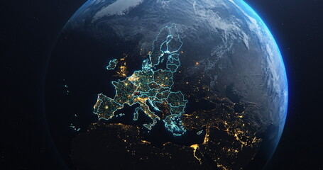 Canvas Print - Planet Earth from Space European Union Countries highlighted teal glow,  Post Brexit 2020 political borders and counties, city lights, 3d illustration, elements of this image courtesy of NASA