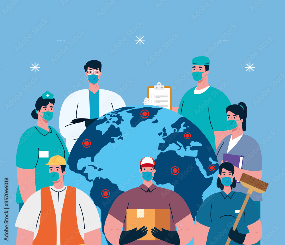 people with uniforms workermasks and world map design of Coronavirus 2019 nCov workers theme Vector illustration - obrazy, fototapety, plakaty 