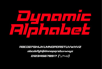 Wall Mural - Red sport dynamic font with numbers and punctuation, uppercase and lowercase letters. Italic geometric alphabet, wide font with spurs. Modern vector typography on black background.