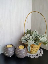 Plant Woolly Stachys With Soft Fluffy Leaves In A Wicker Basket With Two Shaffron Candles On A Light Wood Background And Black Floor
