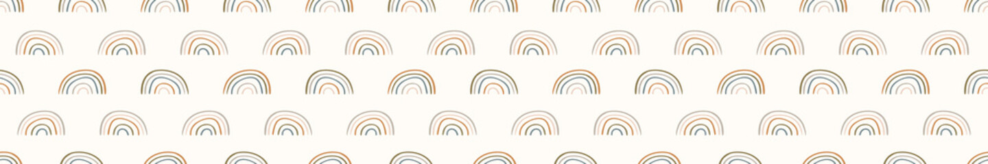 Seamless background rainbow banner. Gender neutral baby border pattern. Simple whimsical minimal earthy 2 tone color. Kids nursery edging or boho nature fashion ribbon trim.