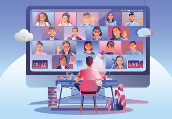 Wall Mural - Video conference landing. People on computer screen taking with colleagues. Videoconferencing and online meeting workspace vector page man and woman. self-quarantine to prevent from COVID -19 vector 