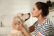 © New Africa - Young woman and her Golden Retriever at home. Adorable pet