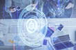 © peshkova - Double exposure of man and woman working together and data theme hologram drawing. Computer background. Top View.