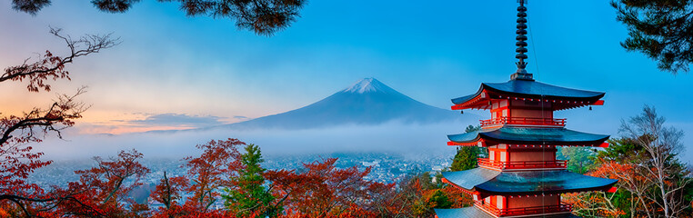 Japanese Travel Destinations. Famous Mount Fuji and Chureito Pagoda Along With Traditional Red Maple Trees At Fall Season.