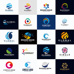 set of global circle logo for business company with c letter technology