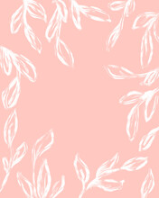 Pink Background With Illustrated Painterly Botanical White Leaf Border