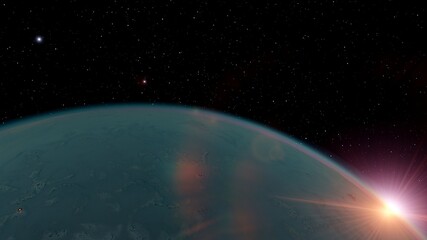 beautiful alien planet in far space, realistic exoplanet, planet suitable for colonization, planet similar to Earth, detailed planet surface 3D render