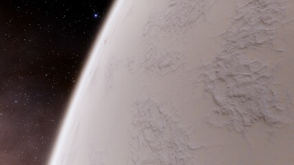 beautiful alien planet in far space, realistic exoplanet, planet suitable for colonization, planet similar to Earth, detailed planet surface 3D render