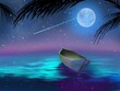 the floating boat in blue ocean and beautiful moon light