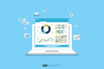 Web statistics analytic charts on laptop device screen. Flat vector infographic trend graphs information report concept for planning and accounting, analysis, audit, management, marketing illustration