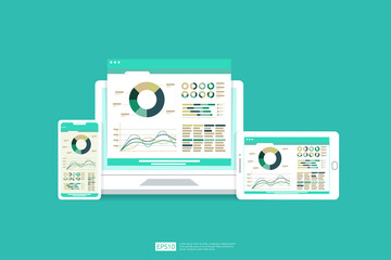 Web statistics analytic charts on laptop device screen. Flat vector infographic trend graphs information report concept for planning and accounting, analysis, audit, management, marketing illustration