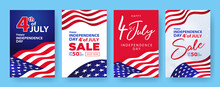 Fourth Of July. 4th Of July Holiday Banners, Posters, Cards Or Flyers Set. USA Independence Day Design Template For Sale, Discount, Advertisement, Social Media, Web. Place For Your Text.