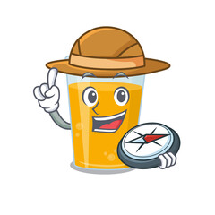 Sticker - mascot design concept of glass of orange juice explorer using a compass in the forest