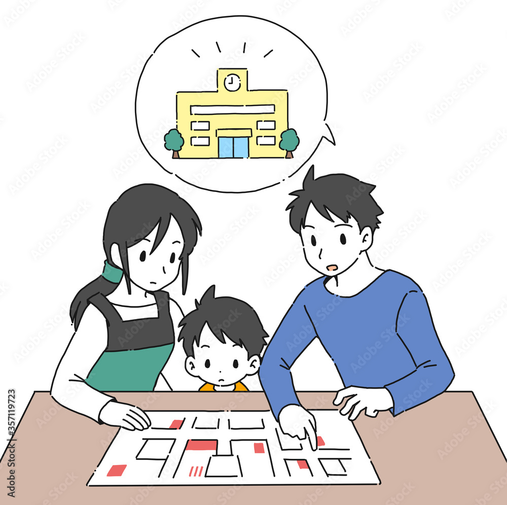 災害時 避難場所を地図で確認する家族のイラスト Affirmation Wall Mural Affirmati Sayukichi