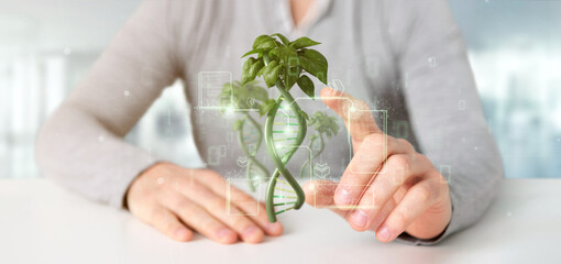 Canvas Print - Businessman holding a DNA growing as a plant - 3d rendering