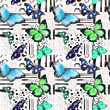 © zzorik - Butterflies and black ink lines watercolor hand drawn repeated pattern. Summer insects with handwriting, paint scribbles decorative notes. Blue and green moths wallpaper design