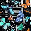 © zzorik - Butterflies. Seamless background with butterfly. Watercolor and ink geometry backdrop on black texture. Lines, dots, letters
