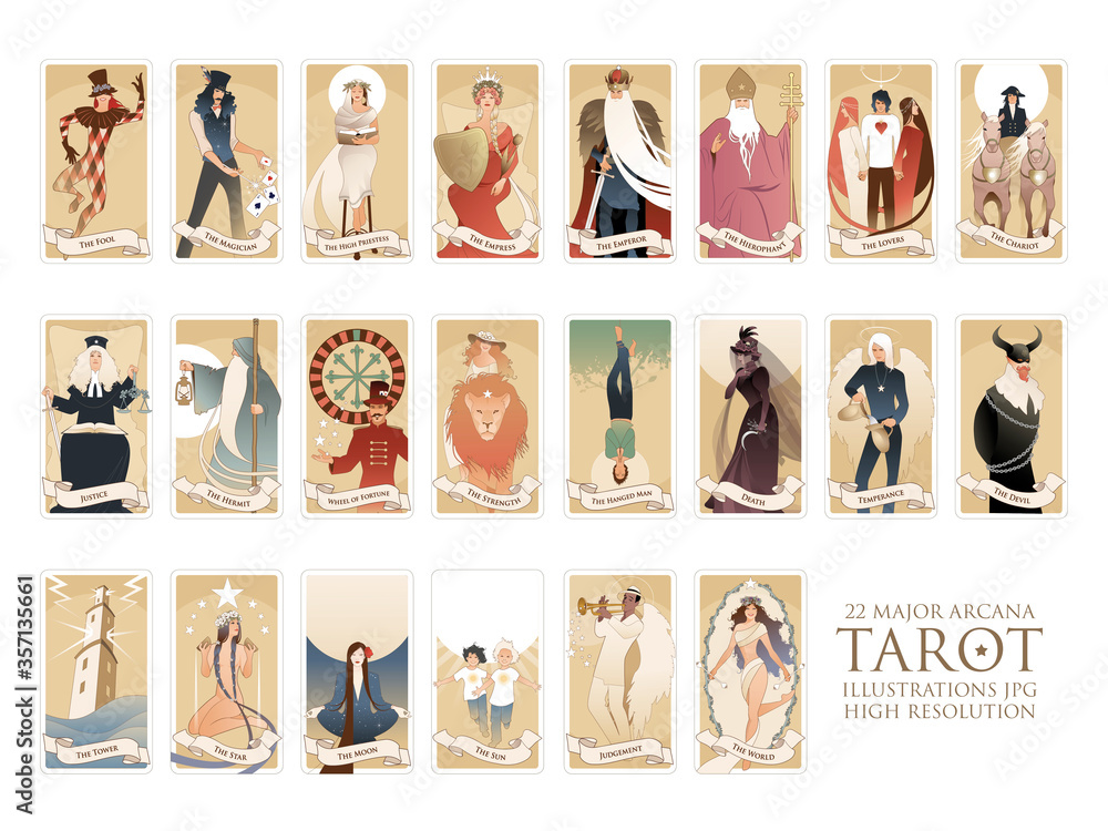 22 Major arcana of the tarot in full, isolated on white background. JPG illustrations in high resolution - obrazy, fototapety, plakaty 