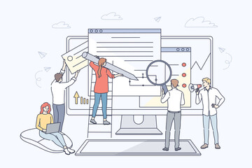 Business, web development, collaboration, teamwork concept. Team of young businessmen women clerks managers coworkers coding working together on website developing. Project cooperation annd analysis.