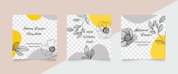 Wall Mural - Social media stories and post creative vector set. Abstract shapes background template with floral and copy space for text and images. Vector illustration.