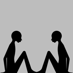 
Black silouette, two characters sitting, face to face, gray background, emotion