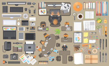 Vector Set. Workspace Businessman. Items On The Desktop. Top View.
Computer Hardware And Gadgets. Stationery. Paper And Desktop Objects. People And Furniture. View From Above.