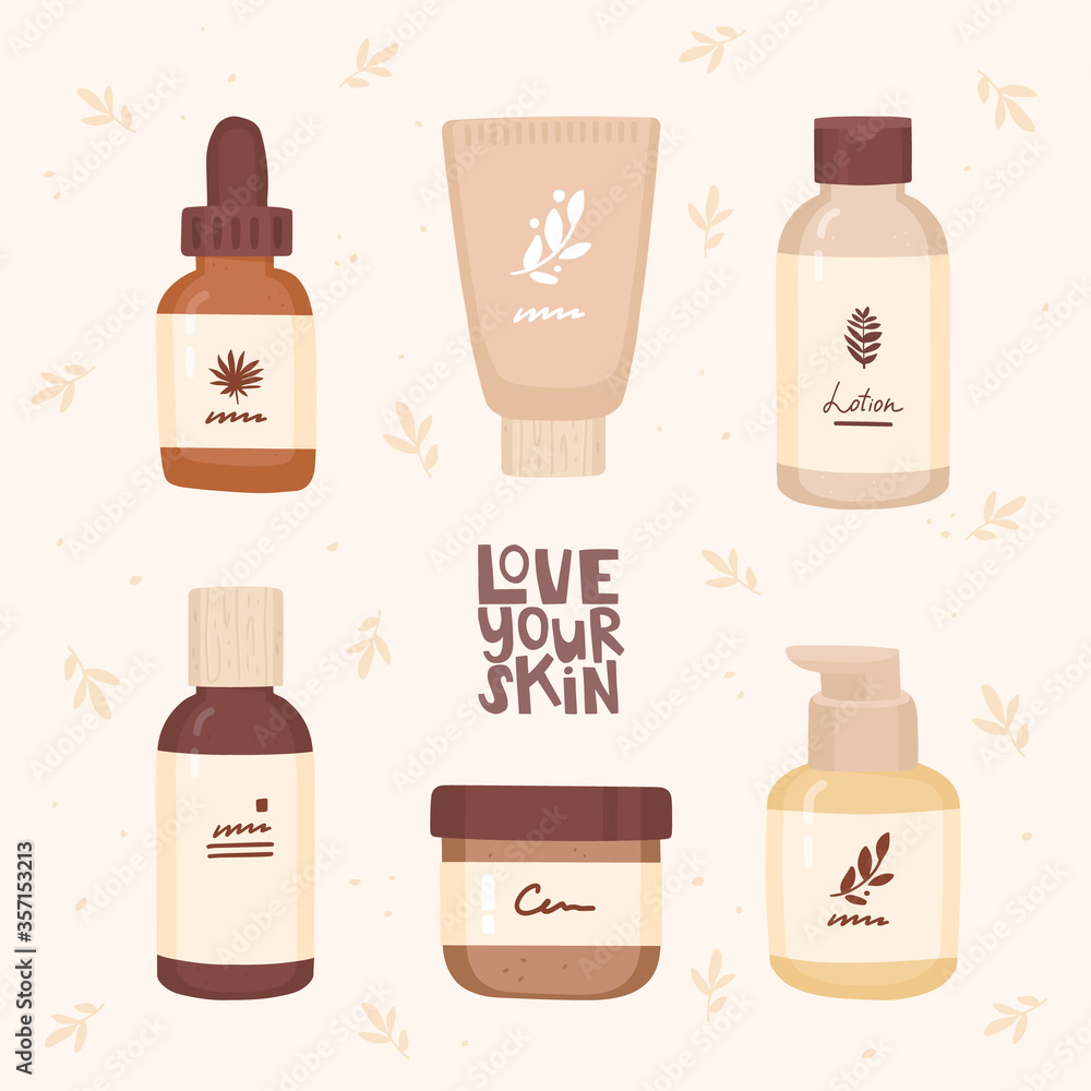 Lotion Lettering Set of cosmetic packaging. Serum, cream, lotion, fluid. Handwritten ...