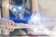 © peshkova - Double exposure of woman's writing hand on background with data technology hud. Big data concept.