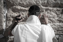 Jerusalem, The Western Wall. Man Prays At The Crying Wall