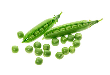 Ripe pea vegetable with green leaf isolated on white background