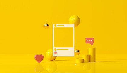 Wall Mural - 3d render social media with photo frame, like button and geometric shapes on yellow background illus