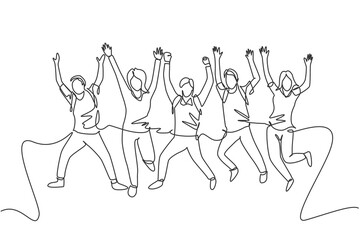 Wall Mural - One line drawing group of young happy male and female college student jumping to celebrate their final exam result. Education celebration concept. Continuous line draw design vector illustration