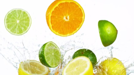 Poster - Fresh Fruit Slices Falling with Water Splash in Super Slow Motion. Shot at 1000 fps