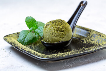 Wall Mural - Green tea and ice cream. Trendy Japanese dessert.