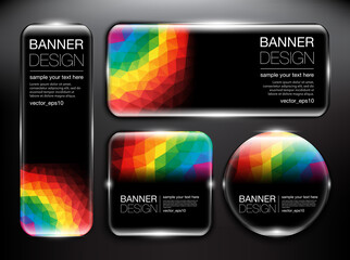 Wall Mural - Glass web banners set of 4. Black transparent  glass web banners with low- poly style design. Isolated on the black background. Each item contains space for own text. Vector illustration. Eps10.