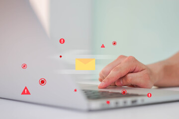 close up computer engineering writing programming code in database on laptop keyboard to protect and
