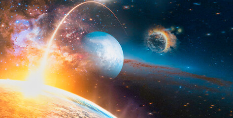 Wall Mural - landscape of sunrise and earth view from space. (elements of this image furnished by nasa)