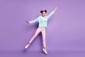 Canvas Print - Full length body size view of her she nice attractive slim cheerful crazy girl jumping holding invisible parasol windy isolated on violet purple lilac bright vivid shine vibrant color background