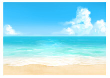 Vector Illustration Of Tropical Beach In Daytime. Hand Painted Watercolor Background.