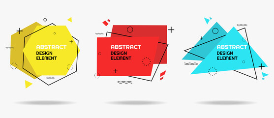Wall Mural - Set of 3 modern colorful design elements with geometric details, designed in memphis style for banner, title or logo. Trendy template ready for use in web, sale or print design. Eps 10 vector