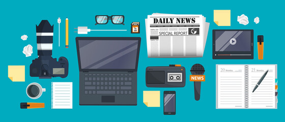 Wall Mural - Independent journalism flat banner. Equipment for journalist on desk. Flat vector illustration
