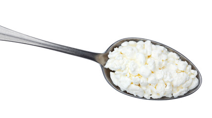 Wall Mural - Spoon of cottage cheese isolated on white background, top view