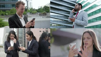 Office employees using mobile phones for work, texting messages, speaking on cell outdoors in city. Multiscreen montage, collage portraits. Communication concept