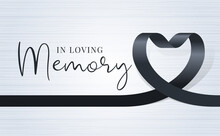 In Loving Memory Text And Black Heart Ribbon Sign On Soft Light Wood Texture Background Vector Design