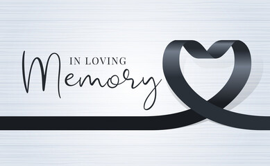 Wall Mural - in loving memory text and black heart ribbon sign on soft light wood texture background vector desig