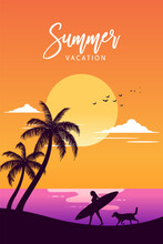 Tropical Beach With Palm Trees And Sunset In Orange Tone