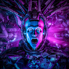 Wall Mural - critical hyperdrive malfunction / 3d illustration of science fiction scene with terrified man wearin