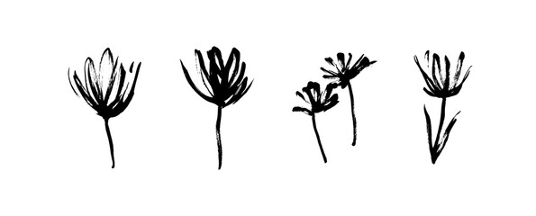 Wall Mural - Grunge dirty decorative flowers. Hand drawn black vector floral collection, isolated on white background. Modern ink expressive brush strokes graphic art