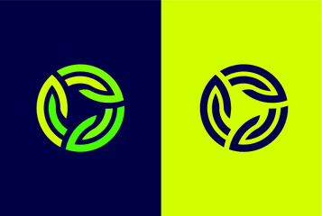 Connected circle with green leaves - plant logo.